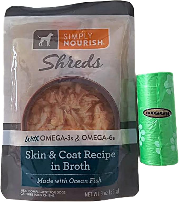 SIMPLY NOURISH Shreds Meal Toppers Pack of 4-3 Ounce Pouches. Plus Biggs Dog Waster Roll. (Skin & Coat w/Ocean Fish)