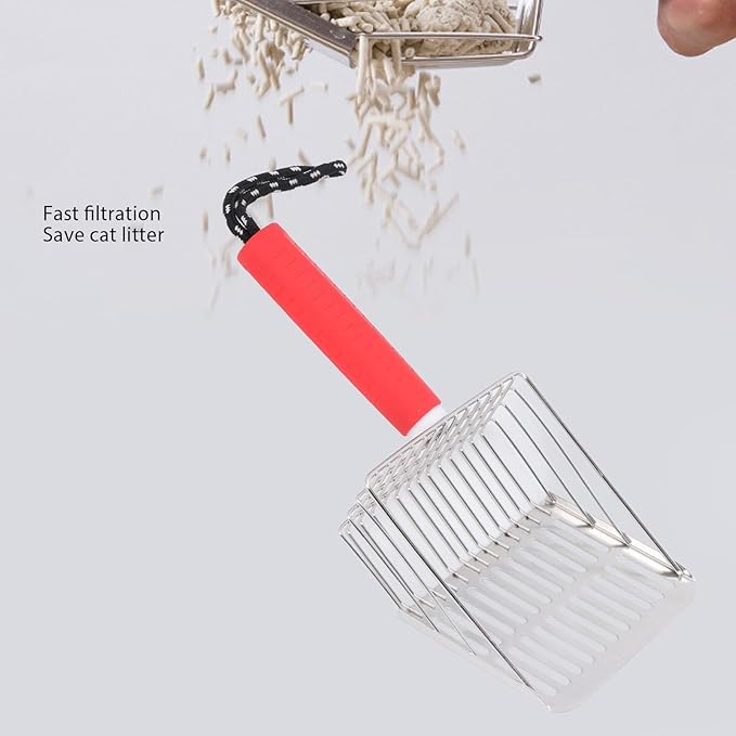 Cat Litter Scoop, Removable Handle Cat Litter Sifter, Stainless Steel Fast Filtration Cat Litter Shovel for Kitten Cat Dog Poop (Red)
