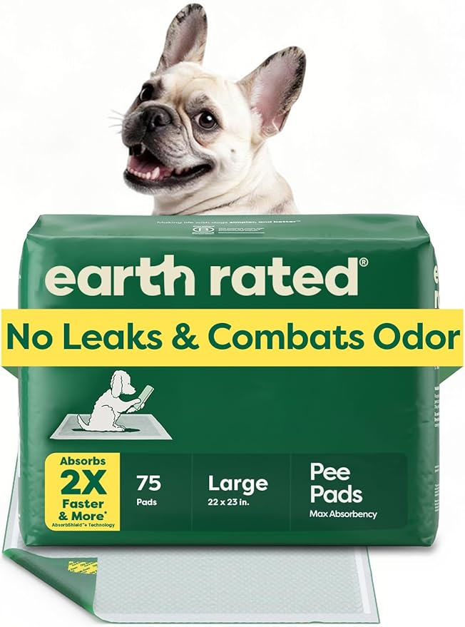 Earth Rated Max Absorbency Puppy Pee Pads for Dogs Absorbs 2X Faster & 2X More, Leak-Proof, Odor Control Potty Training, Unscented, Large, 22” x 23”, 75 Count