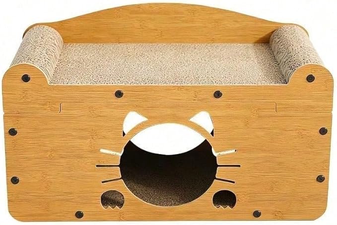 Multi-Function Cat Scratcher House Box,3-in-1 Scratch Pad and Soft Bed & Play Cave with Toys, Durable Build & Ideal for Cats/Kitty (Yellow,FX-SFHXM)