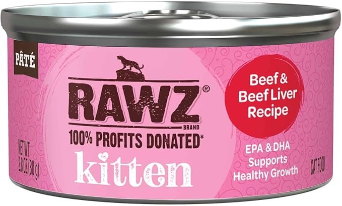 Rawz Natural Premium Kitten Pate Canned Cat Wet Food -12 Pack Cans Variety Flavor Pack -4 Flavors - (Salmon, Chicken, Tuna, Beef) Pets Can Lid - (2.8 oz Cans)