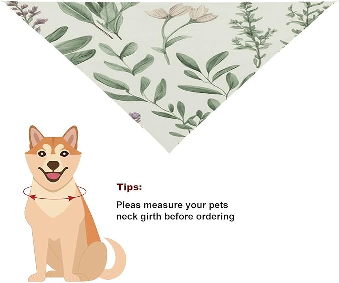 Dog Bandana Spring Pet Scarf Adjustable Triangle Green Flower Herb Sage Leaves and Branches Printing Dog Bib Washable Polyester Puppy Bandana for Small Medium Large Dogs Cat Birthday Party Supplies