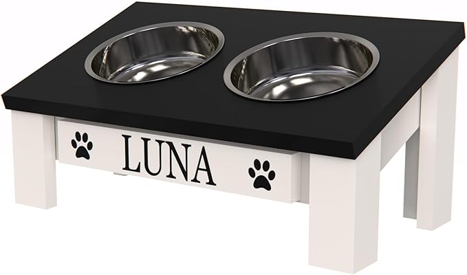 GTW Classic Tilted Elevated Dog Feeder – Angled Wood Stand with Stainless Steel Bowls for Short-Nose Dogs, Anti-Slip Farmhouse Design (Tilted, Black)