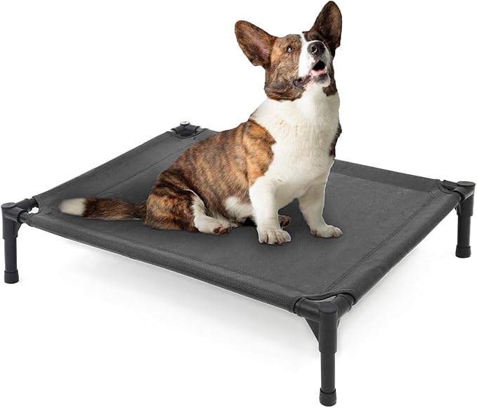 Elevated Dog Bed for Medium Dogs, Raised Dog Cot, Heavy Duty Pet Cots with Durable Supportive Teslin Recyclable Washable Mesh, Indoor & Outdoor, Dark Grey, 32" L x 25" W x 7" Th