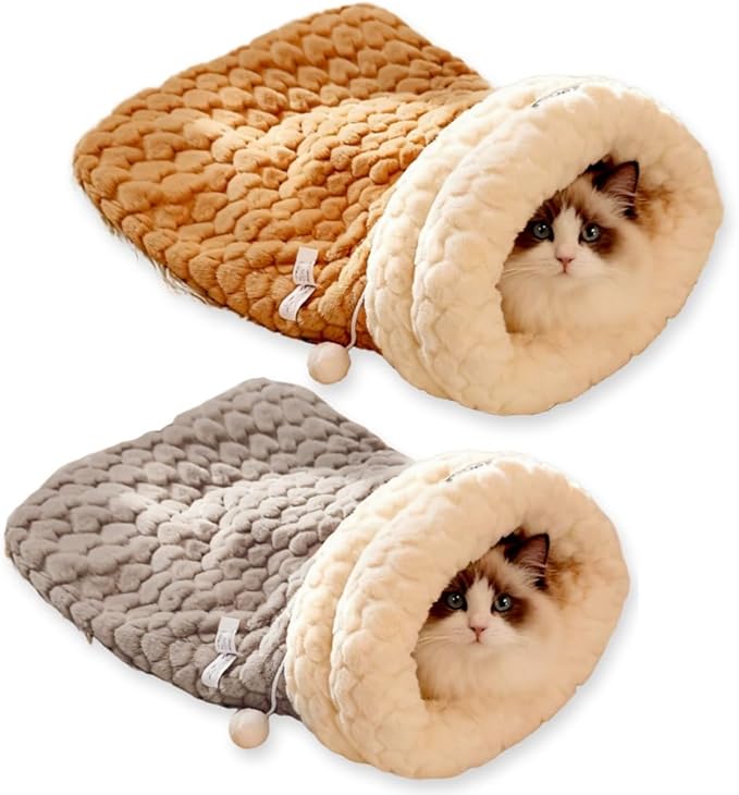 Cat Sleeping Bag, Cats Winter Sleeping Bag for Indoor Cats Cozy Plush Cat Cave Bed, Self-Warming Pet Snuggle Sack for Kitten Puppy Small Dogs (A-Grey+Khaki, L-21"x17.7")