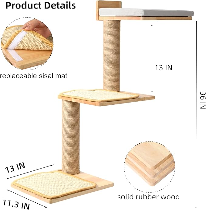Cat Wall Shelves, 3-in-1 Transformable Wall-Mounted Scratching Post, Cat Tree Shelf & Climbing Steps for Play, Climb & Scratch (Large)