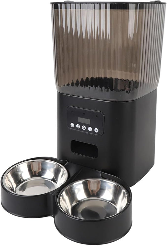Automatic Cat Feeder,Timed Feeding Button Control Automatic Cat Food Dispenser Auto Pet Feeder with Stainless Steel Bowl for Dog Pet Indoor (Dual Bowls)