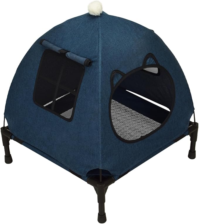 Pozico Elevated Pet Bed with Breathable Mesh for Small Cat and Dog, Raised Cooling Pet Cot for Puppy and Kitty, 18.9x18.9 inch (Navy Blue Bed with Canopy)