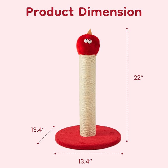 22'' Cat Scratching Post, Cat Scratchers Tree Tower for Indoor Kitty with Extra Wide 13.4" Stable Base, Scratching Post with Natural Sisal & Velvet Fabric for Small, Medium Cat, Red