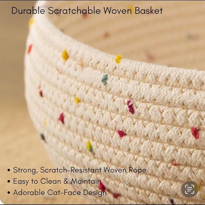 Cat Bed for Indoor Cats – Round Washable Basket with Soft Cushion & Scratchable Sides, Cozy Woven Kitten Bed, 17.7” x 5.9”