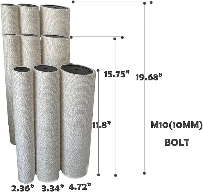 2Pcs M10 Cat Tree Replacement Post - 10mm Bolt Sisal Cat Scratching Post Replacement Pole DIY M10 Bolt Sturdy PVC Tubes Screws Included (2.36 * 11.8")