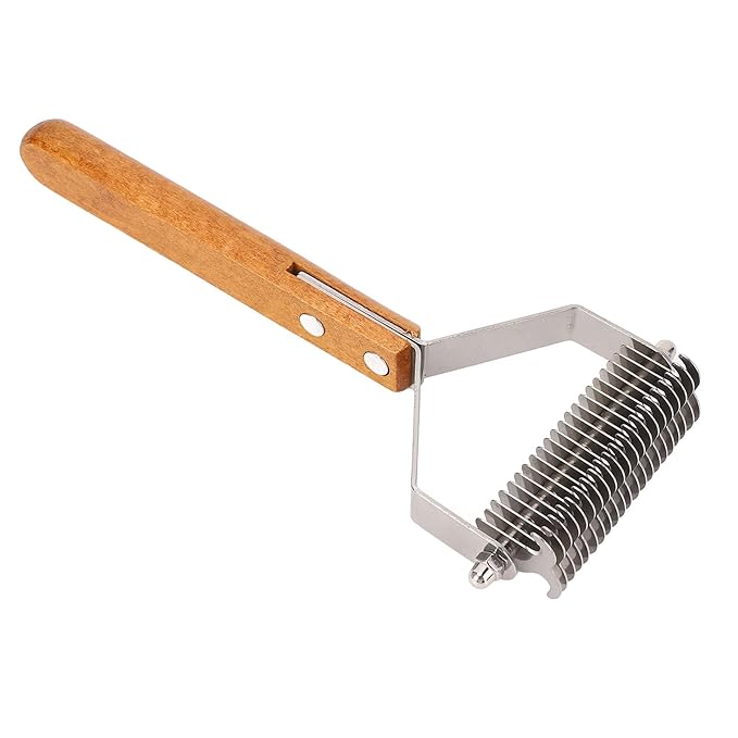 Focket Cat Grooming Brush, Stainless Steel Double Sided Pet Grooming Rake Ergonomic Anti Slip Wood Handle Pet Hair Removal Tool for Cats and Dogs (Large Size (24x18.5cm / 9.4x7.3in))