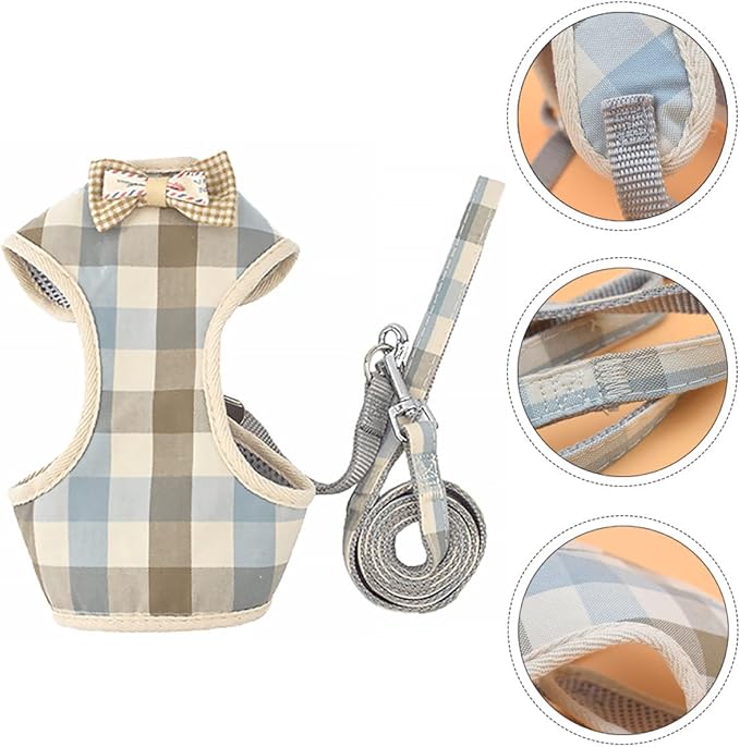 Luxshiny Pet Vest Harness and Leash Soft Mesh Blue White Gray Plaid M Size for Small Dogs and Cats Puppy Walking Adjustable Breathable Pet Supply