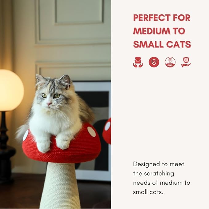 Mushroom Cat Scratching Post - Unique Design, Sisal-Wrapped, Ideal for Medium and Small Cat, Cat Scratcher Cute with 100% Sisal Covered Scratching Post