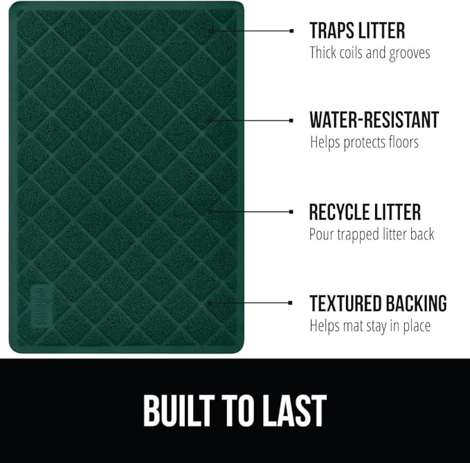 GORILLA GRIP Cat Litter Box Mat, 47x35, Water Resistant, US Designed Kitty Litter Trapping Mats, Easy to Clean, Scatter Control, Less Mess and Clean Floors, Kitten Supplies for Indoor Cats, Dark Green