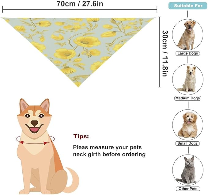 Dog Bandana Spring Pet Scarf Adjustable Triangle Yellow Flower Printing Dog Bib Washable Polyester Puppy Bandana for Small Medium Large Dogs Cat Birthday Party Supplies