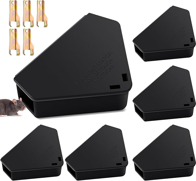 Qualirey Mice Station with Key Triangle Mouse Station Reusable Rodent Trap Box, Keeps Children and Pets Safe Indoor & Outdoor Suitable for Small Mice(Black,6 Pcs)
