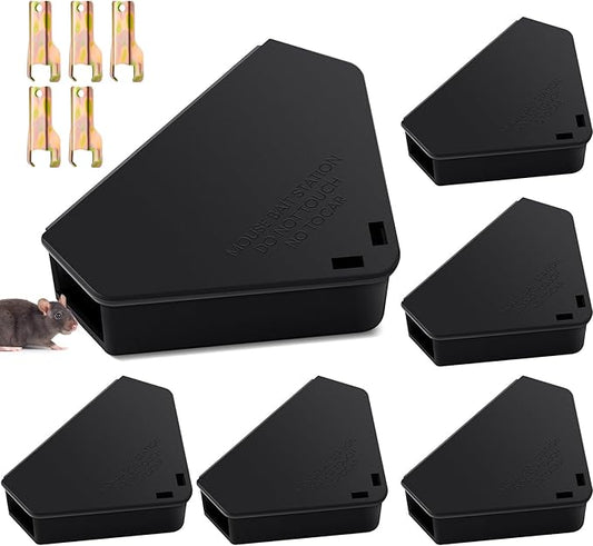 Qualirey Mice Station with Key Triangle Mouse Station Reusable Rodent Trap Box, Keeps Children and Pets Safe Indoor & Outdoor Suitable for Small Mice(Black,6 Pcs)