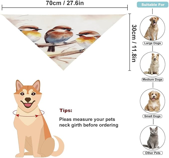 Dog Bandana Spring Pet Scarf Adjustable Triangle Birds Resting on Tree Branch Printing Dog Bib Washable Polyester Puppy Bandana for Small Medium Large Dogs Cat Birthday Party Supplies