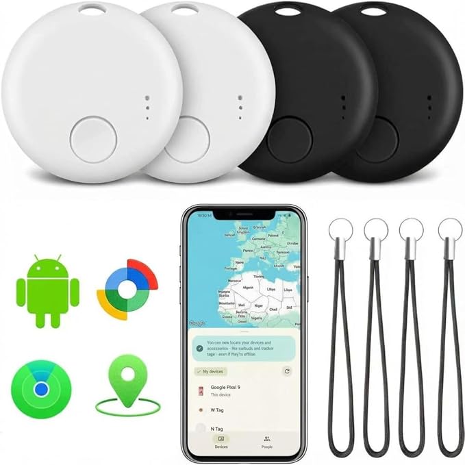 Air Tracker Tags-4 Pack, Bluetooth Tracker with Sound, Compatible with Google’s Find Hub (Android) and Apple Find My (iOS), for Keys, Wallets, Luggage, Pets, No Subscription (2Black+2White)