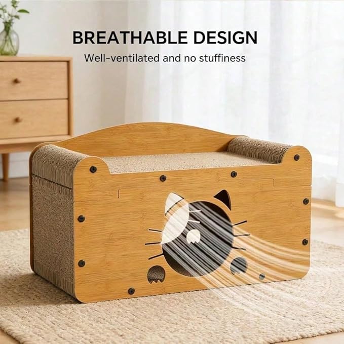 Multi-Function Cat Scratcher House Box,3-in-1 Scratch Pad and Soft Bed & Play Cave with Toys, Durable Build & Ideal for Cats/Kitty (Yellow,FX-SFHXM)