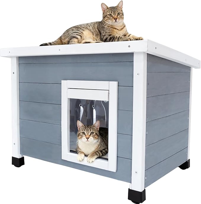 Outdoor Wooden Pet House, Weatherproof Winter Shelter for рuррy and Cats, Elevated Design with Window，100% Cedar Insulated Pet Safe Haven | Easy 15-Min Assembly (Gray-White)