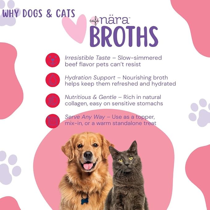 Café Nara Grain-Free Beef Bone Broth Wet Food Topper for Dogs & Cats - 100% Natural, Healthy Hydration - 1.1 lbs (Pack of 6)