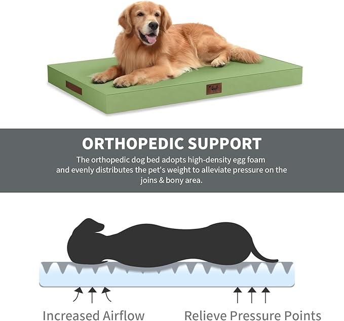 Outdoor Dog Bed for Small Dogs, Waterproof Dog Crate Bed for Medium Dogs Cats, Orthopedic Egg Crate Foam Pet Bed with Washable Removable Oxford Cover, Light Green