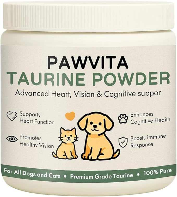 Pawvita Taurine Supplement – 99.9% Pure Taurine Powder for All Dogs and Cats，Advanced Heart, Vision & Cognitive suppor, Easy to Mix in Food200g(1)