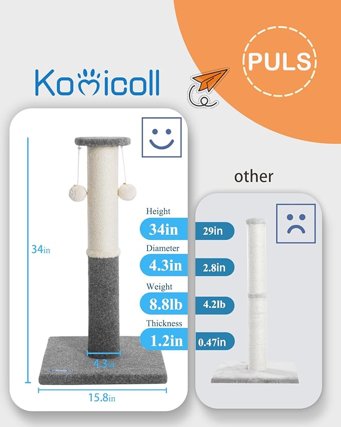 34-Inch Tall Cat Scratching Post for Indoor Cats, Komicoll Large Scratch Post, Sisal Cat Scratcher, Sturdy and Durable Cat Post with Hanging Ball