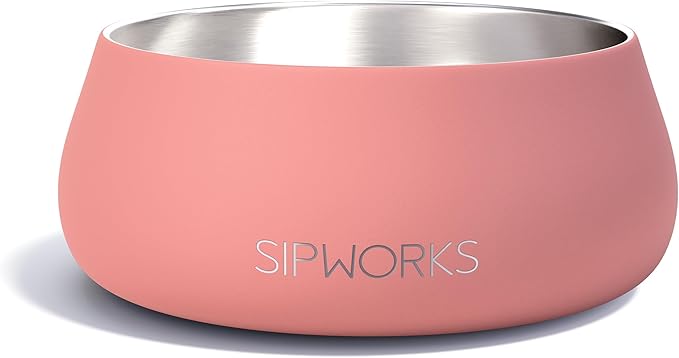Sipworks Stainless Steel Dog Bowl – 32oz Weighted Metal Food and Water Bowls for Dogs and Cats with Non-Slip Base - Pet Bowls for All Breeds Sizes for Travel & Outdoor Play | Salmon
