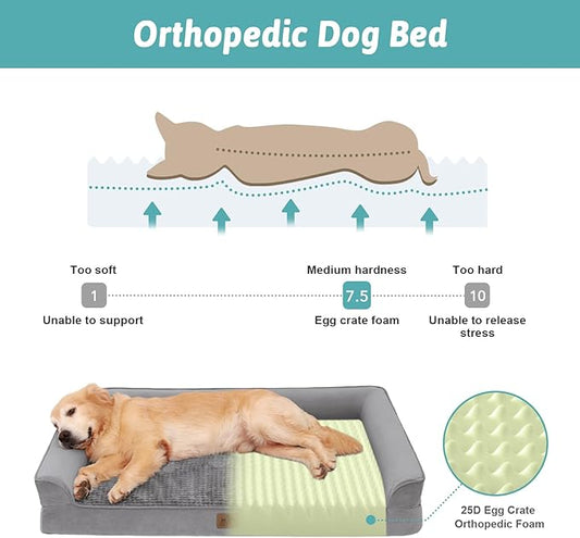 Orthopedic Large Dog Beds, Bolster Pet Couch with Waterproof Lining, Egg Crate Foam Sofa for Pets Up to 65 lbs, U-Shaped, 36x27x7.5 inch, Grey