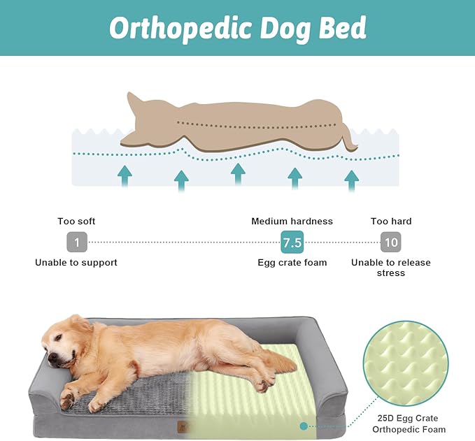 Orthopedic Dog Beds for Large Sized Dog, XL Bolster Pet Couch with Waterproof Lining, Egg Crate Foam Sofa for Pets Up to 100 lbs, U-Shaped, 48x32x7.5 inch, Grey