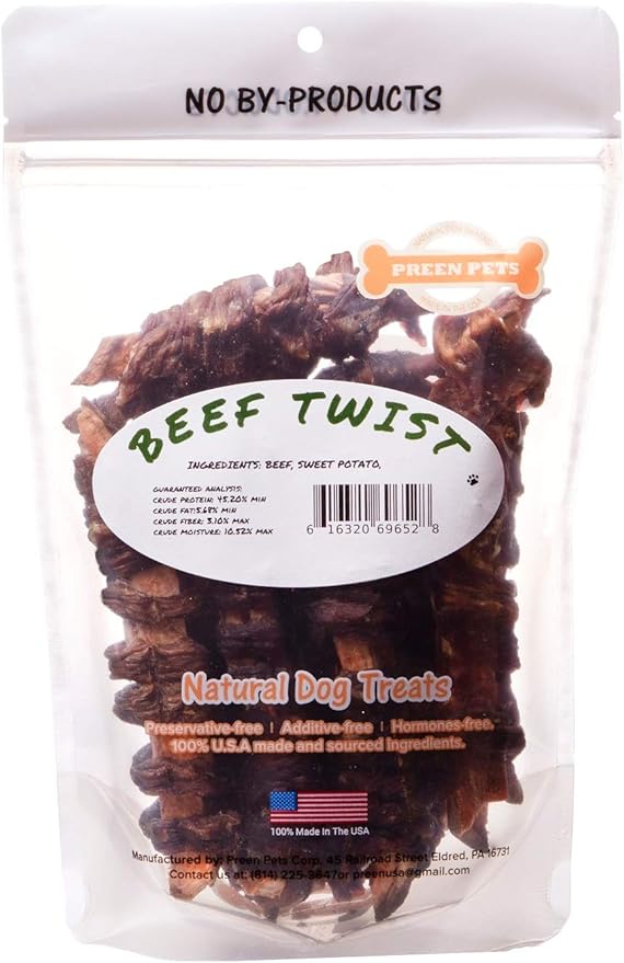 Preen Pets Beef & Sweet Potato Twist Dog Crunchy Treats - 100% USA Ingredients (4 oz)