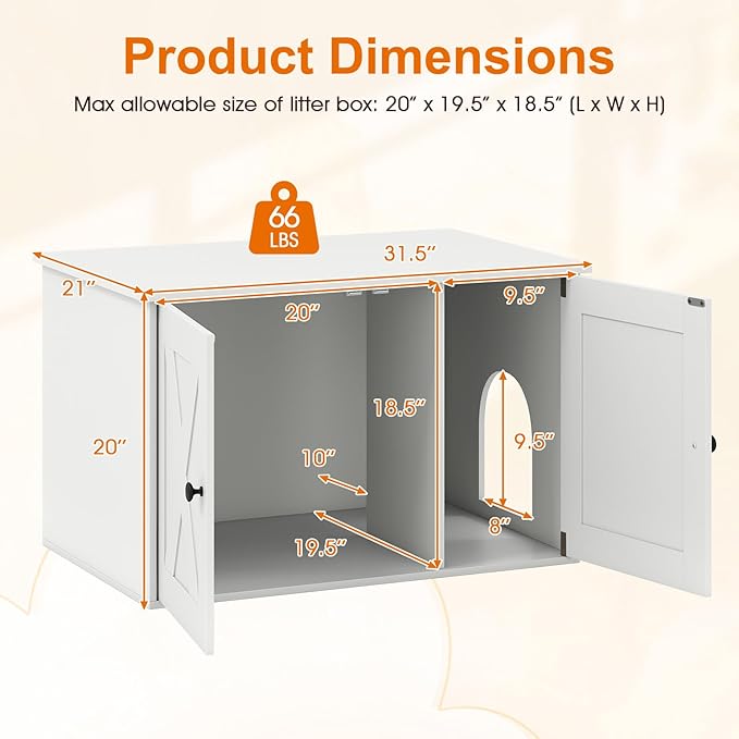 Tangkula Cat Litter Box Enclosure, Hidden Cat Washroom Cabinet with Double Doors, Divider, Side Entry, Indoor Wooden Cat House End Table, Enclosed Litter Box Furniture (White)