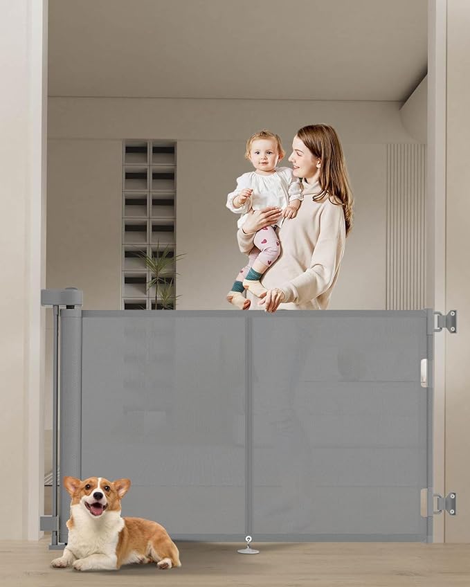 59 inch Retractable Baby Gates 34 inch Tall, Retractable Gate with Reinforced Strip Design to Prevent Crawling Through, 5 FT Retractable Dog Gate for Stairs, Doorways, Hallways, Indoor/Outdoor