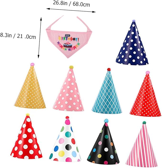 VILLCASE Dog Birthday Bandana and Hat Set 9 Assorted Pet Birthday Caps with 1 Decorative Party Supplies and Puppies Random Color