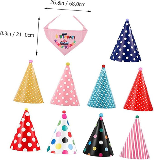 VILLCASE Dog Birthday Bandana and Hat Set 9 Assorted Pet Birthday Caps with 1 Decorative Party Supplies and Puppies Random Color