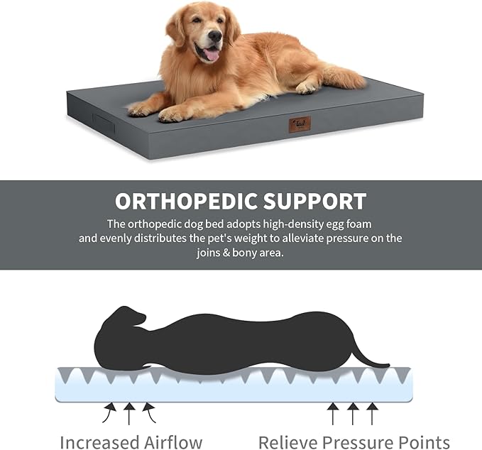 Outdoor Large Washable Dog Bed, Orthopedic Egg Crate Foam Dog Crate Mat for Large Dogs with Removable Oxford Cooling Cover, Grey
