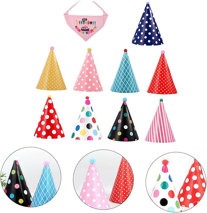 Toyvian Dog Birthday Party Supplies Set 9 Decorative Birthday Hats 1 Saliva Bib Bandana for Pets Adjustable Size for Pet Celebration Random Color