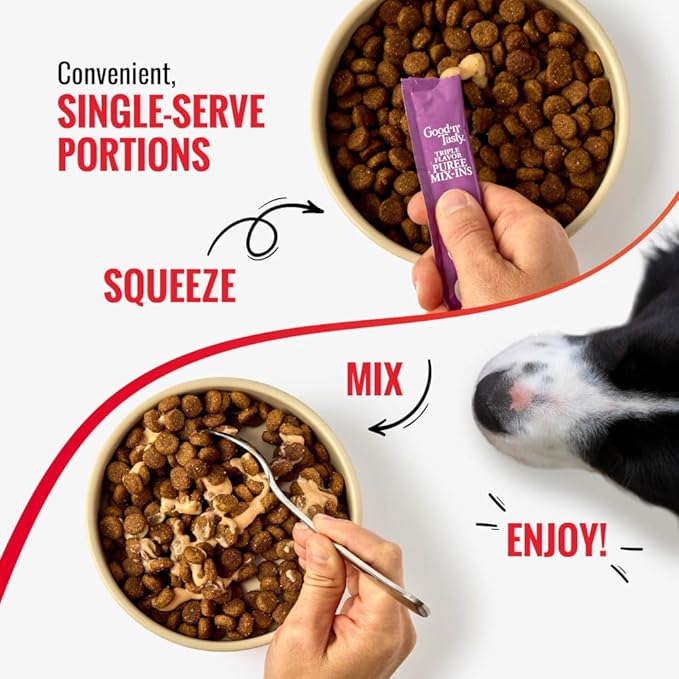 Good 'n' Tasty Triple Flavor Puree Mix-Ins Dog Food Topper Treats for All Dogs, 7 Count, Easy Single-Serve Portions, Added Protein with Duck, Beef and Rabbit, No Chicken Added (Pack of 2)