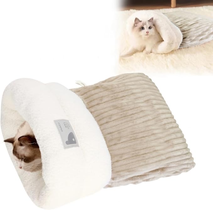 Cat Sleeping Bag Bed, Winter Soft Plush Sack Self Warming Cave Bed for Indoor Cats, 360°Wrap Comfortable Pet Snuggle Sack, Soft Plush Large - Size L (Brown)