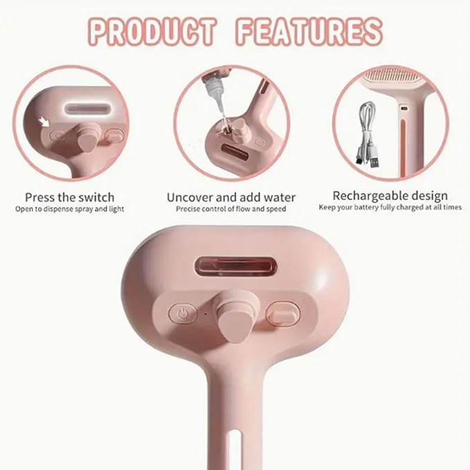 Pet Steam Brush - Ergonomic Deshedding Comb, Large Capacity Misting Hair Removal Steamer | Cat and Dog Grooming Tool with Self-Cleaning Feature, Massage Brush for Home, Shower, and Travel Use