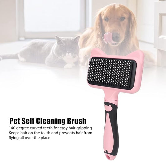 Cat Grooming Brush, Ergonomic Cat Brushes with 140 Degree Curved Teeth, Self Cleaning Slicker Brushes with Non Slip Handle and Resin Protection Point (Pink)
