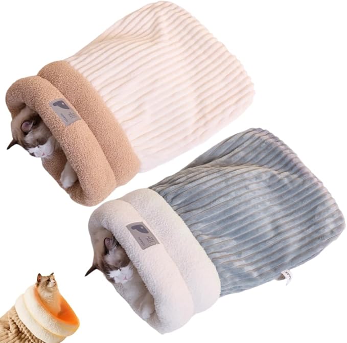 Cat Sleeping Bag, Cats Winter Sleeping Bag for Indoor Cats Cozy Plush Cat Cave Bed, Self-Warming Pet Snuggle Sack for Kitten Puppy Small Dogs (B-Grey Blue + Beige, M-17"x14.5")