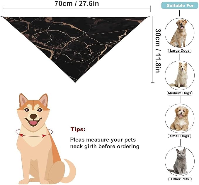 Dog Bandana Spring Pet Scarf Adjustable Triangle Black Gold Marble Printing Dog Bib Washable Polyester Puppy Bandana for Small Medium Large Dogs Cat Birthday Party Supplies