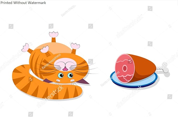 Wall Art Poster Print of Food for Cats, Pets. a Cute Red Cartoon Cat with a Funny Muzzle, Face Lies on Its Back and Looks at a Bowl of Food, Ham. Cat with Blue Eyes, Long Mustache, Sharp Ears. for