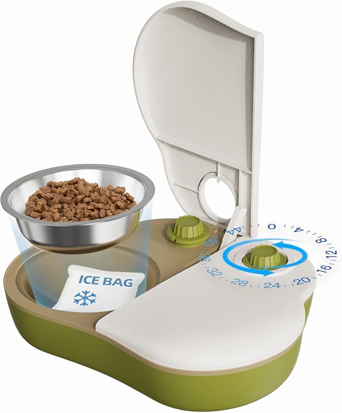 Plike 2-Meal Automatic Pet Feeder, 48H Timed Wet Food Refrigerated Dispenser, Includes 2 Ice Packs and Stainless Steel Pet Bowl, Ideal for Wet Food, Yogurt & Canned Meals – for Cats & Small Dogs