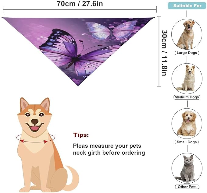 Dog Bandana Spring Pet Scarf Adjustable Triangle Beautiful Purple Butterfly Art Printing Dog Bib Washable Polyester Puppy Bandana for Small Medium Large Dogs Cat Birthday Party Supplies