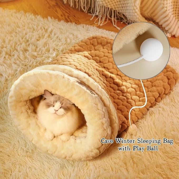 Cat Sleeping Bag, Cats Winter Sleeping Bag for Indoor Cats Cozy Plush Cat Cave Bed, Self-Warming Pet Snuggle Sack for Kitten Puppy Small Dogs (A-Khaki 2pcs, L-21"x17.7")